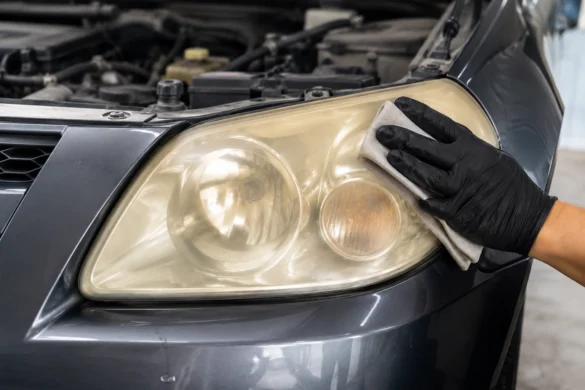 Farol automotivo amarelado e opaco sendo restaurado com polimento em oficina mecânica, destacando o desgaste da lente e o processo de recuperação da transparência.