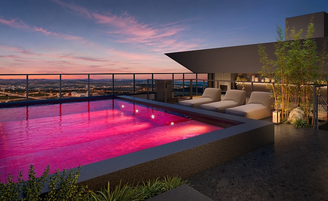 Piscinas coloridas transformam áreas de lazer em experiências de arquitetura em Goiânia